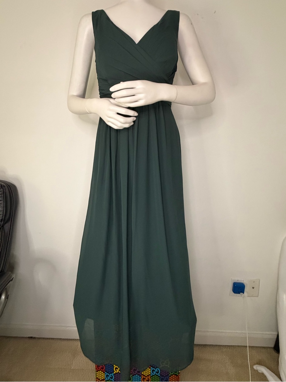 Bill Levcoff Elegant Forest Green V-Neck Maxi Dress - Classic Women's Dress
